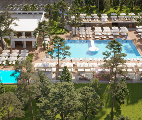 Country resort with a swimming pool and vacation cottages